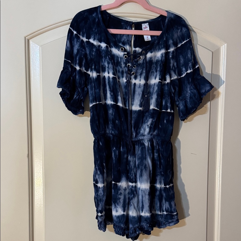 Justice Kids Girls Navy Blue Tie-Dye Lace-Up Tunic Romper Jumpsuit 12